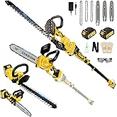 8"/ 10” Cordless Pole Saw + 20" Pole Hedge Trimmer Combo (Great for Pruning and Trimming Branches/Shrubs), Mini Chainsaw & Hedge Trimmer with Telescopic Pole, 15ft MAX Reach, 2 Pcs 3.0Ah Batteries