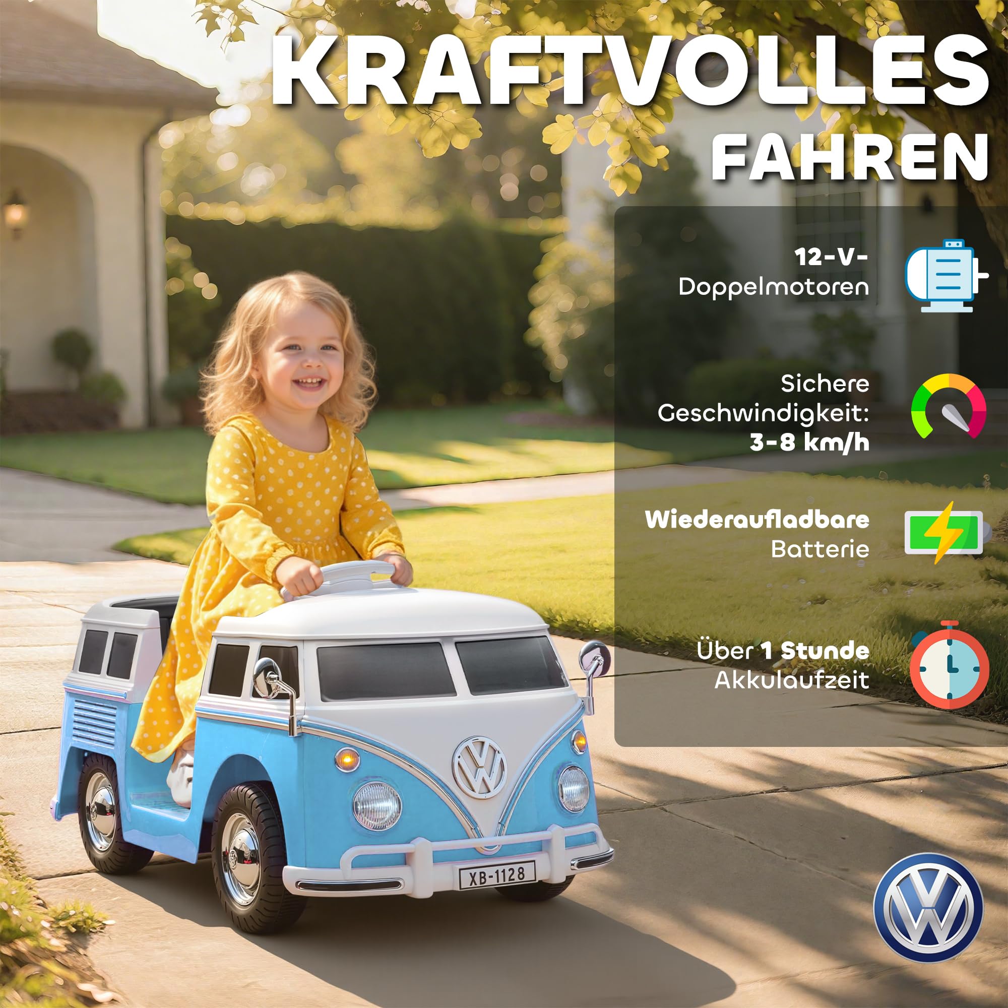 AIYAPLAY Kinder Elektroauto, 12V Volkswagen Kinderfahrzeug mit MP3, Doppelmotor, Elektrofahrzeug mit Hupe, LED-Lichtern, Sanftanlauf, 3-8 km/h, für 3-7 Jahre Kinder, Blau 4
