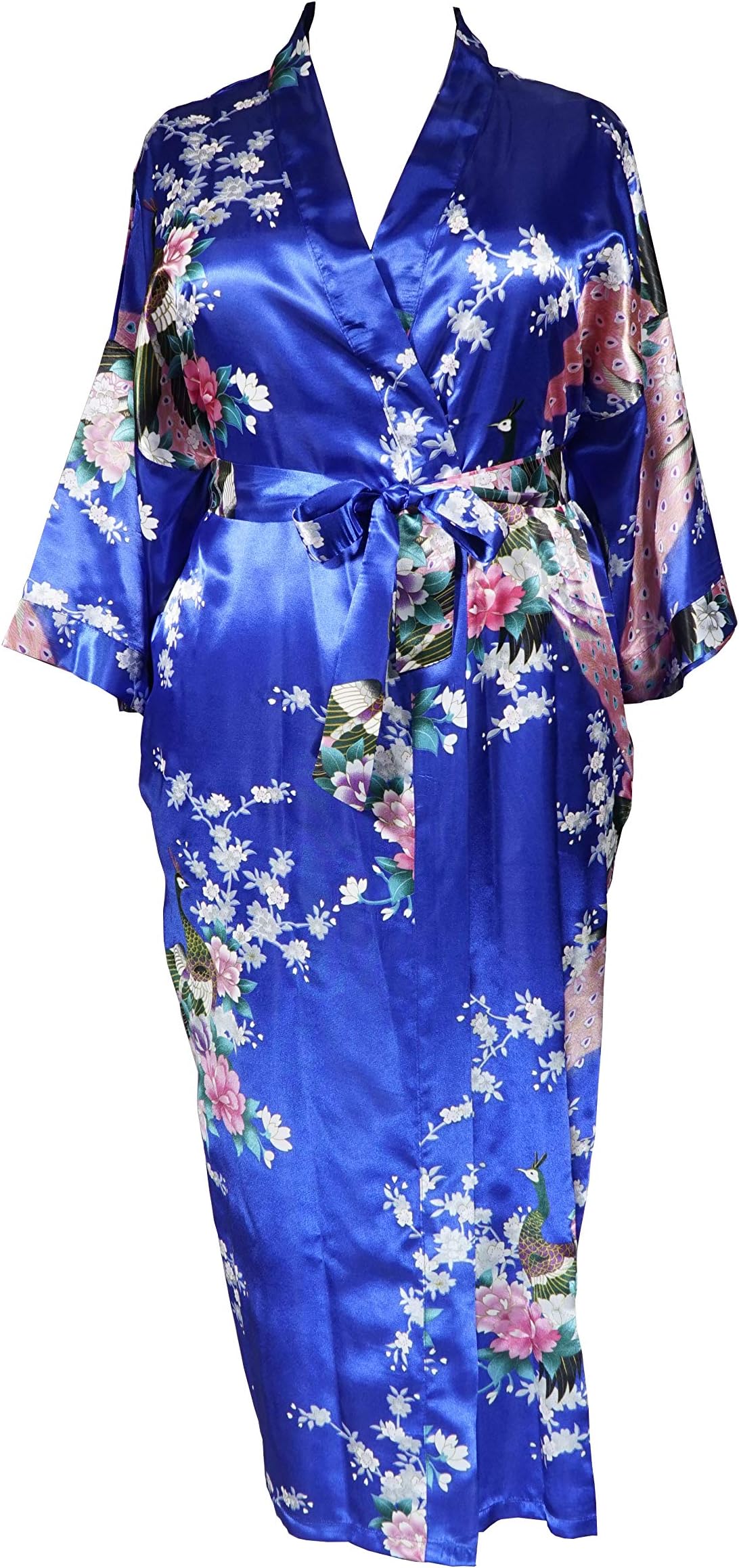 838 - Plus Size Women's Satin Kimono Long Robe - Floral (One-Size fits Most US 1X 2X 3X)