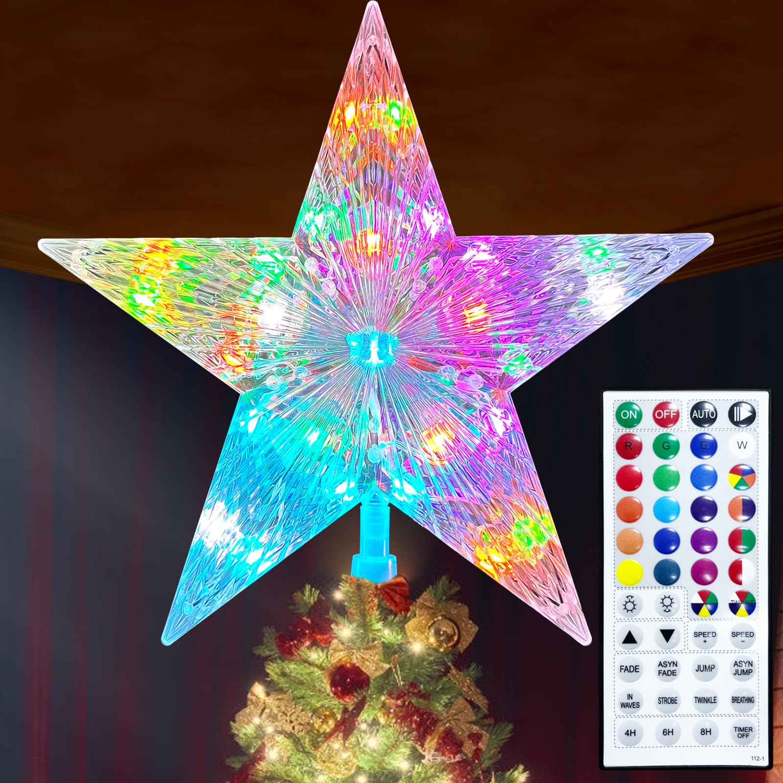 Photo 1 of Christmas Tree Topper Star 9.0" LED Lighted Star Tree Top w/Remote Control, 128 Light Modes, Color Changing, Dimmable, Timer, USB Plug in, Wire 16.4Ft Treetop for Xmas Holiday Party Gift Decorations