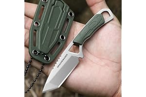 DRACHENADER Neck Knife Tanto Small, Mini Neck Knife with Sheath and Necklace Fixed Blade Knife Full Tang Outdoor Knife, Green