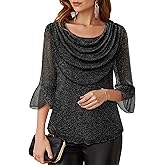 Lotusmile Blouses for Women Dressy Casual 3/4 Sleeve Cowl Neck Sparkly Tops Cocktail Shirts for Evening Party