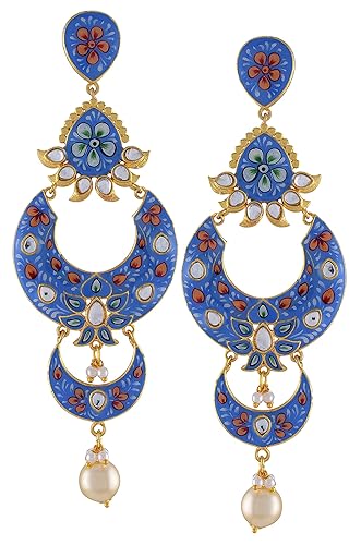 Amrapali Malya Gold Plated Blue Floral Enamelled Moon Pearl Earrings for Women (BM(EER)17-73)