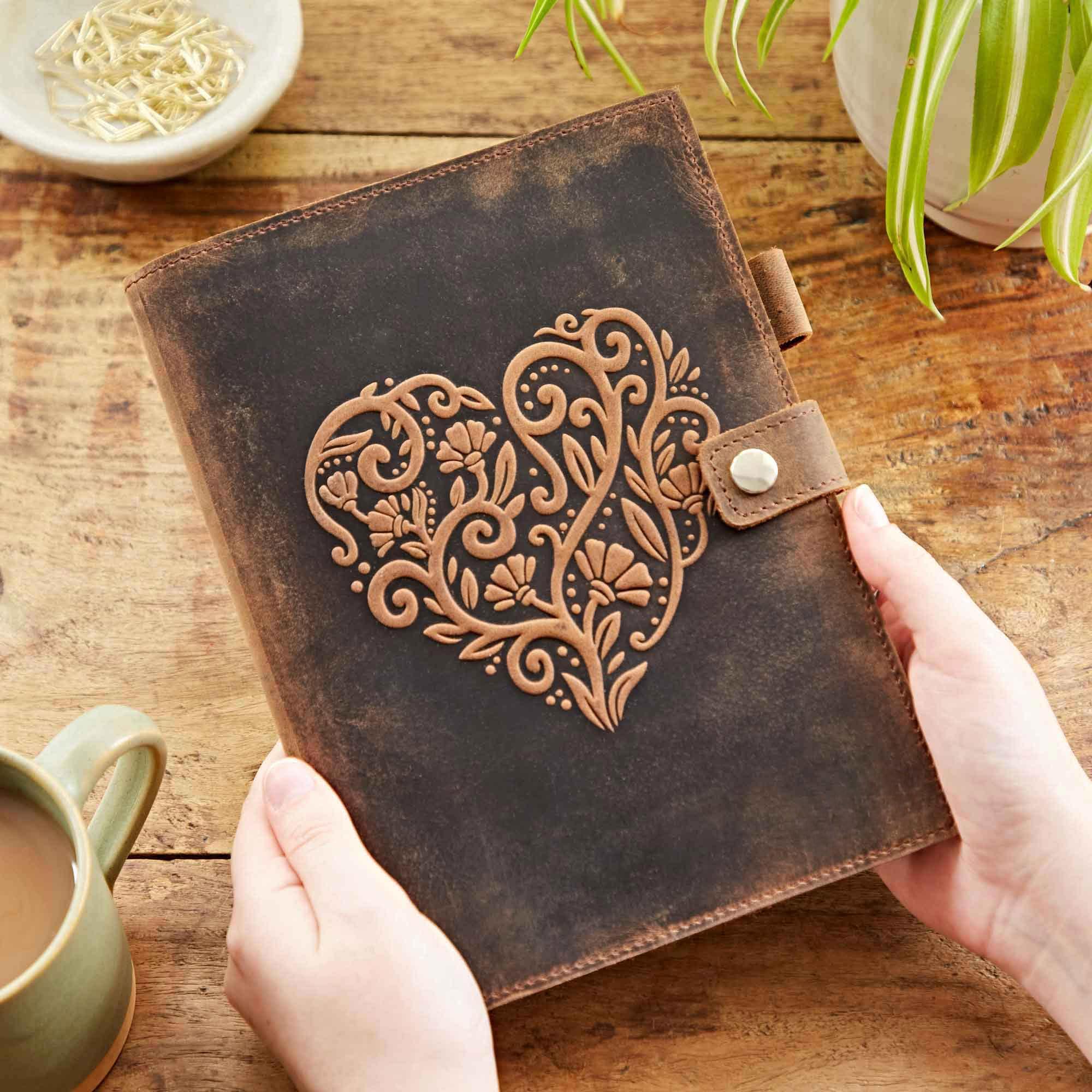 Embossed Heart Genuine Buffalo Leather Refillable Journal - Handcrafted Notebook for Men & Women with Pen Holder Includes Unlined Recycled Cotton Paper or Lined FSC Paper (Lined paper)