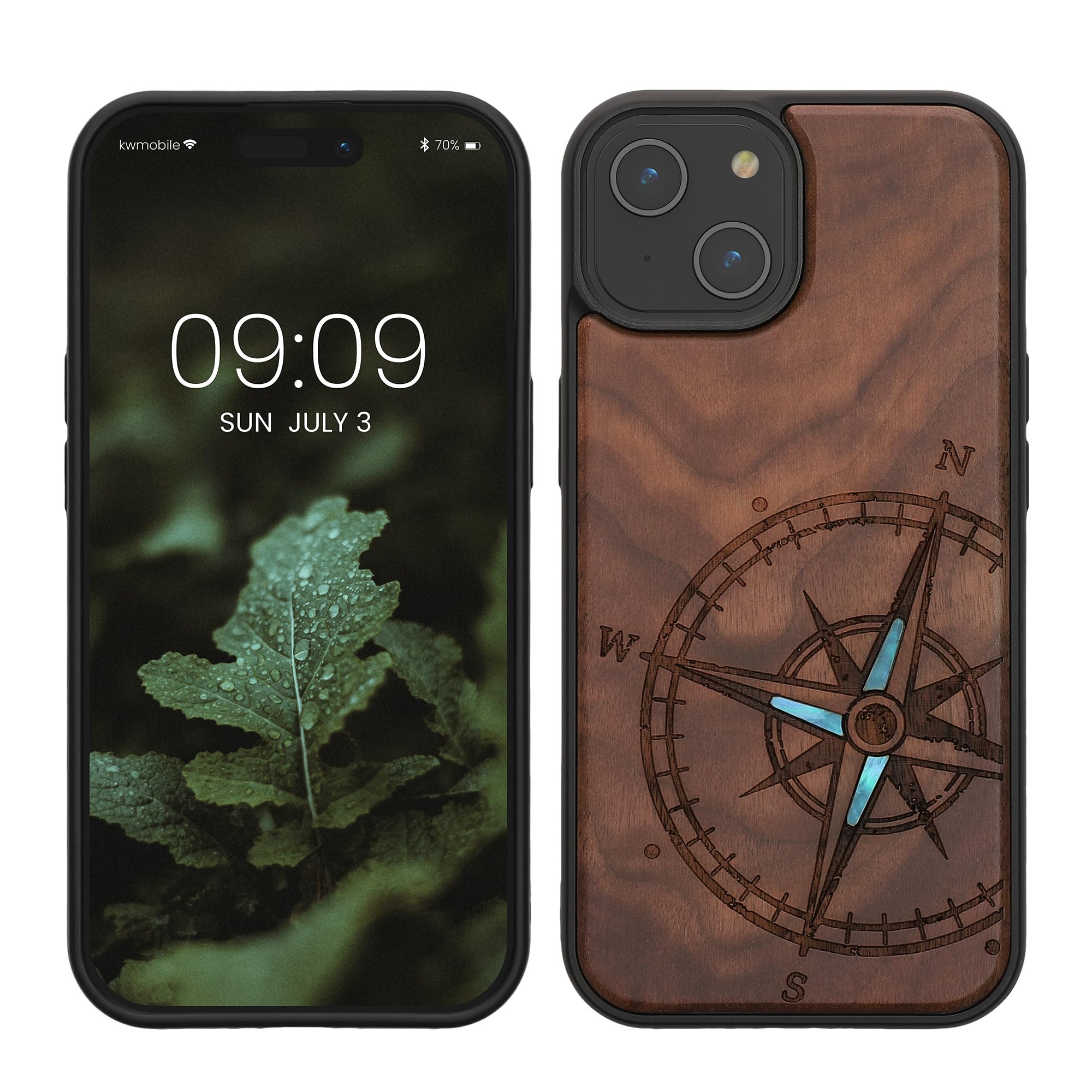 kwmobile Wood Case Compatible with iPhone 15 Case - Cover - Navigational Compass Mother of Pearl Dark Brown โ image 1