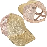 Girls Glitter Baseball Cap Criss Cross Hat, Girl High Ponytail Hat - Kids Trucker Hat with High Bun Messy Ponytail(Ages5-15)