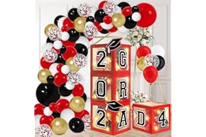DAZONGE Graduation Decorations Class of 2024 - Set of 4 Red Graduation Balloon Boxes with 139pcs Balloon Arch Garland Kit & 4 Light Strings - So Proud of You 2024 Graduation Decorations for Any Grades