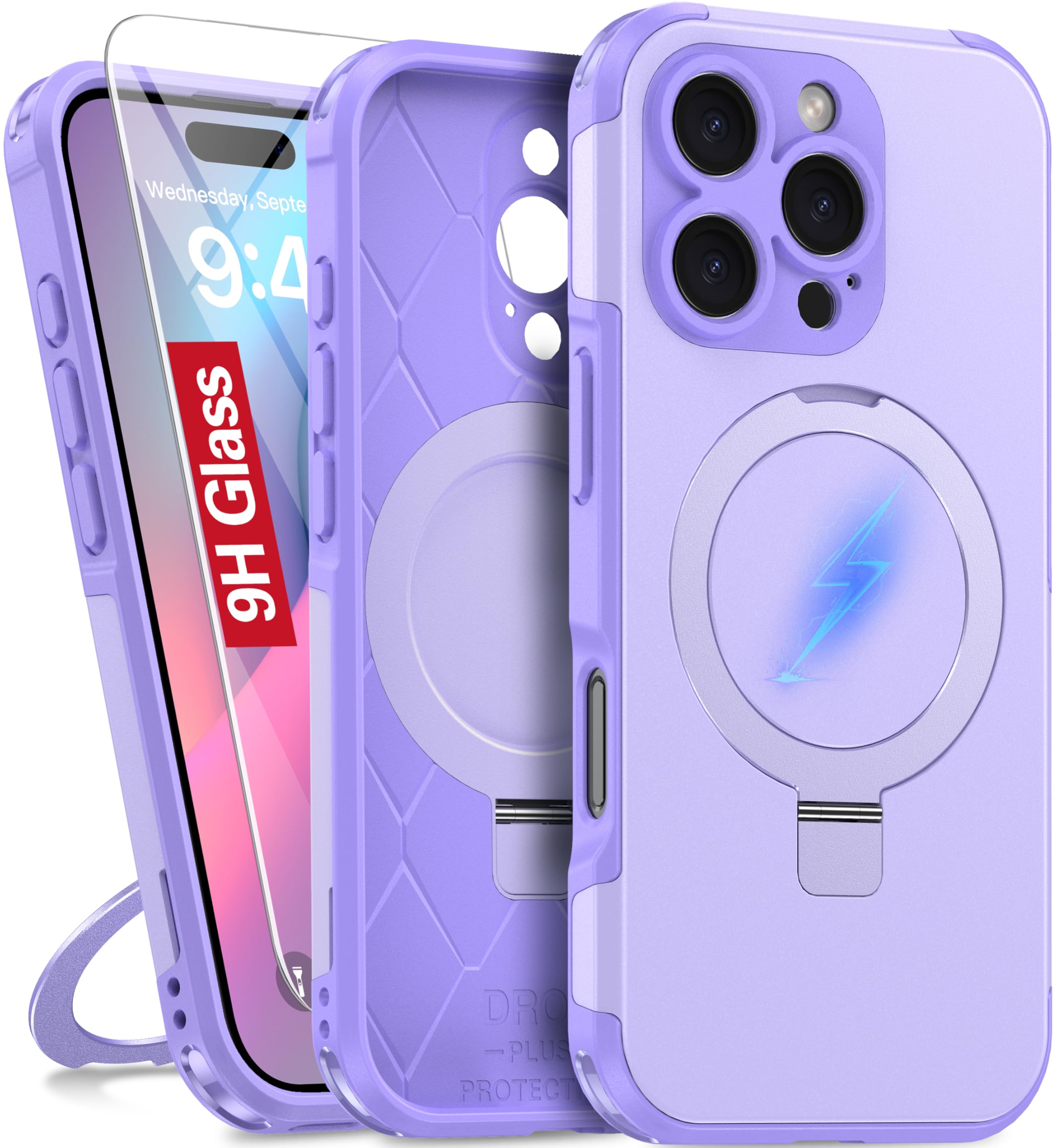 Photo 1 of Oneagle Magnetic Stand for iPhone 16 Pro Case with 9H Screen Protector [Fit for MagSafe][Dual Layer][Invisible Metal Kickstand] Heavy Duty 12FT Military Shockproof Phone case for 16 Pro Purple