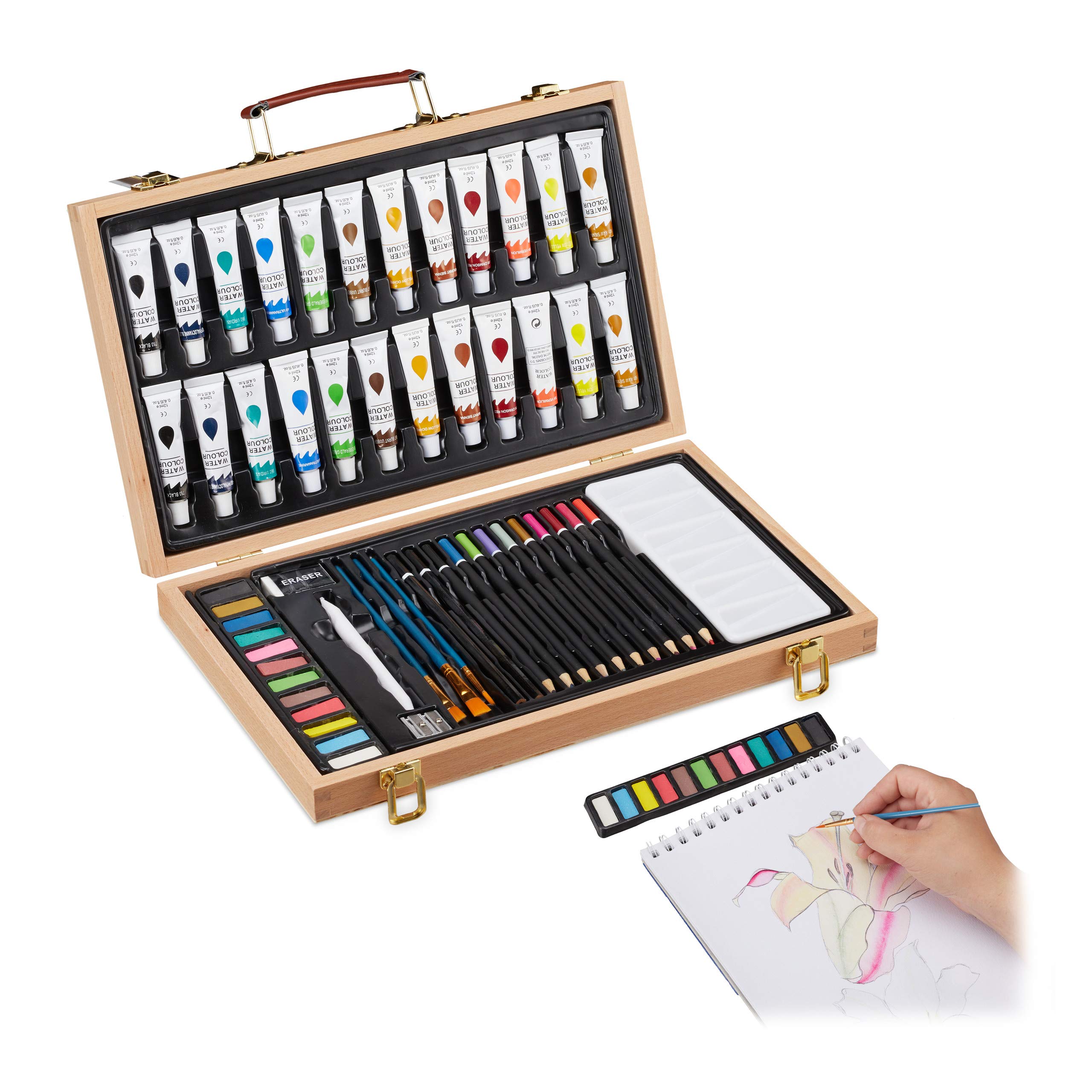 Relaxdays Art Set, 56-Piece Paint Wooden Box, Artist Set With Eraser, Colouring & Sketch Pencils, Aquarelle, Natural