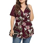 TIANZHU Women Plus Size Top Short Sleeve Wrap Lace Dressy Shirt Sexy Low Cut Babydoll Blouses