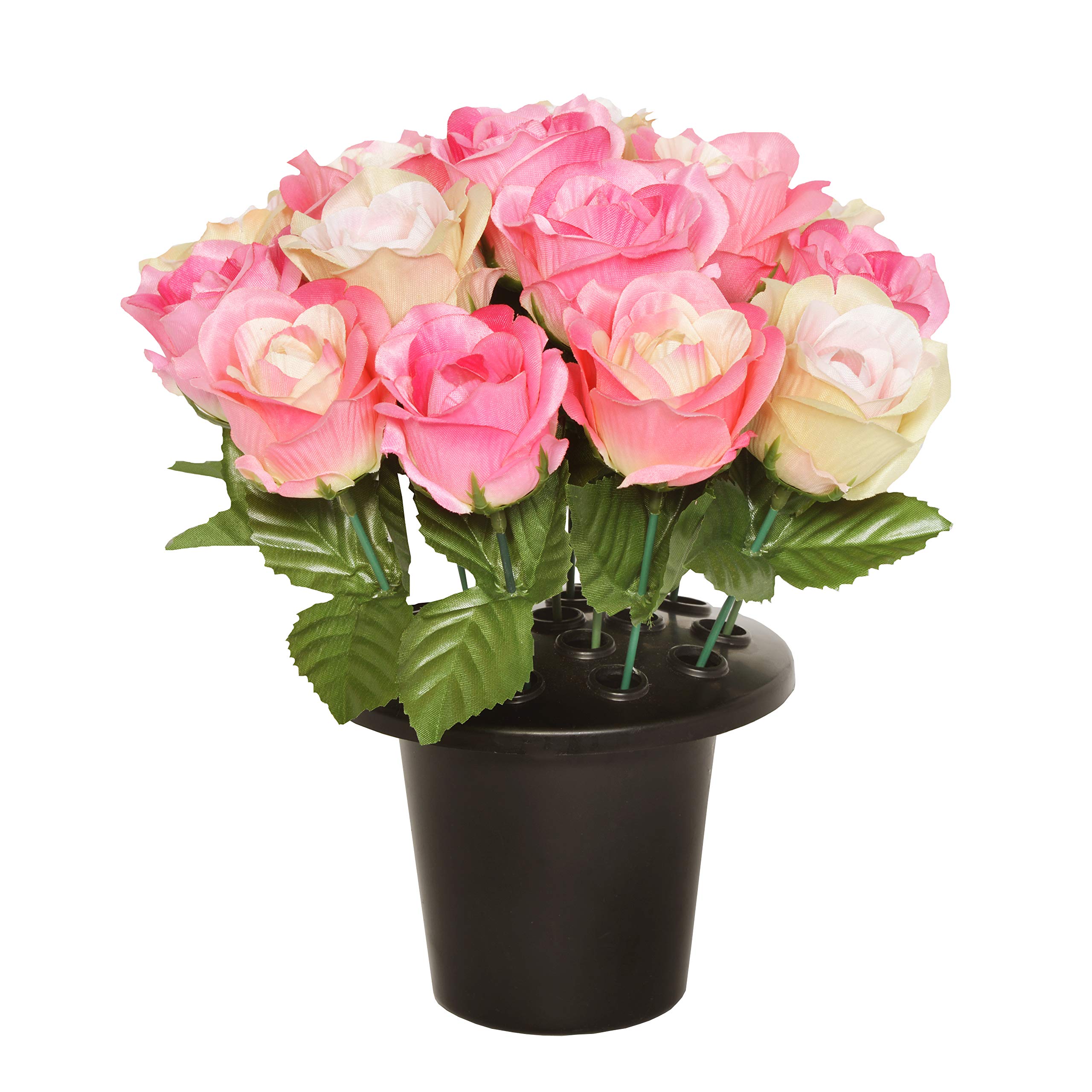 SF ARTIFICIAL PINK/CREAM OPEN ROSE GRAVE POT WITH 16 FLOWERS - VASE INSERT MEMORIAL