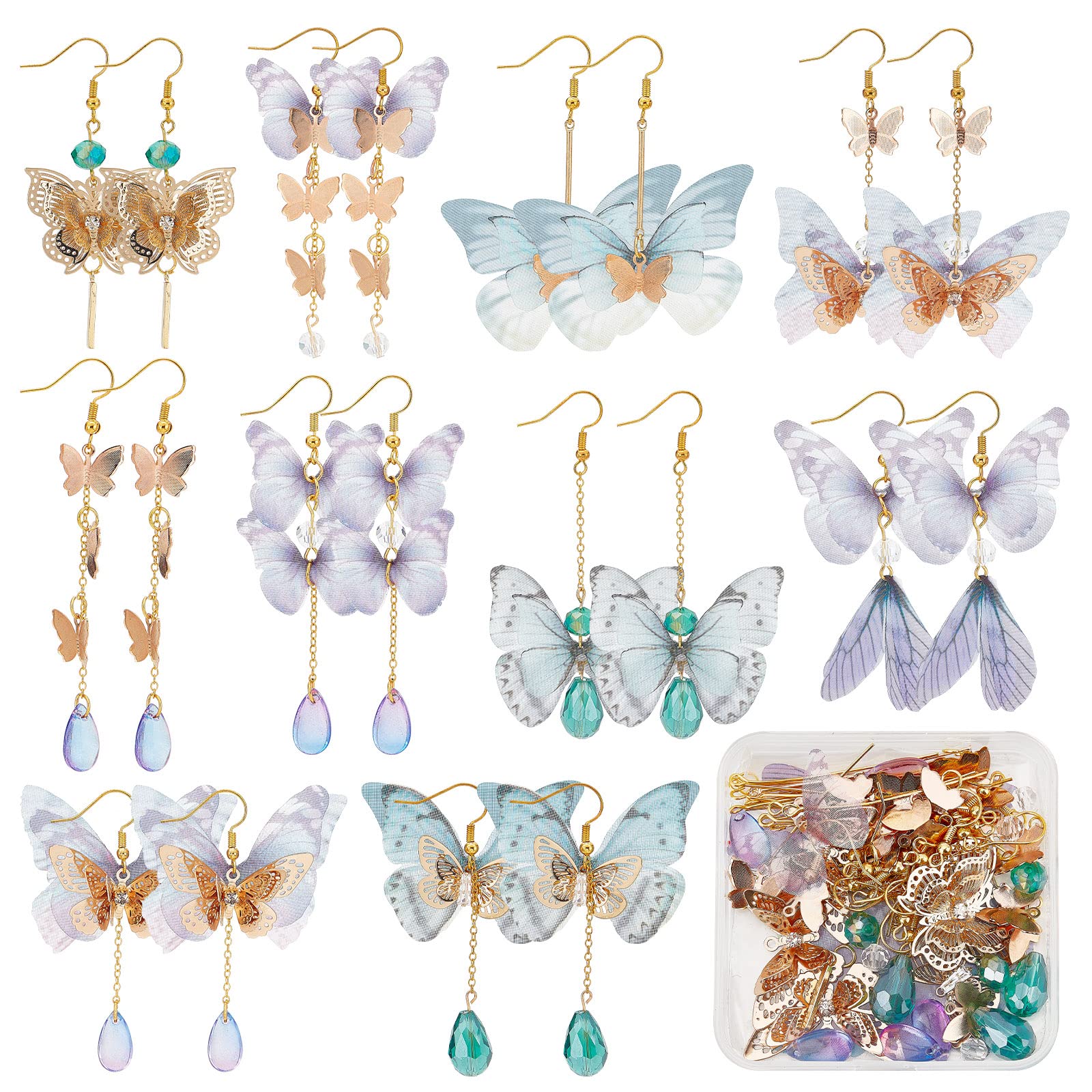 SUNNYCLUE 1 Box DIY 10 Pairs Butterfly Wing Dangle Earring Making Starter Kits Spring Filigree Butterflies Charms Fabric Insect Wings Charm Faceted Glass Beads for Jewellery Making Kit Women DIY Craft
