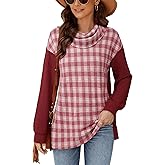 Timeson Women's Cowl Neck Tunic Sweaters Plaid Pullovers Sweatshirts