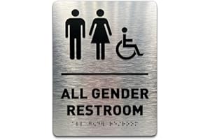GDS ARCHITECTURAL SIGNAGE SOLUTIONS All Gender Restroom Sign by GDS - ADA Compliant, Wheelchair Accessible, Raised Icons, & Grade 2 Braille - Includes Adhesive Strips for Easy Installation - Bathroom Sign, Bathroom Signs for Business, Restroom Signs for Business - 6" W x 8" H (Brushed Aluminum)