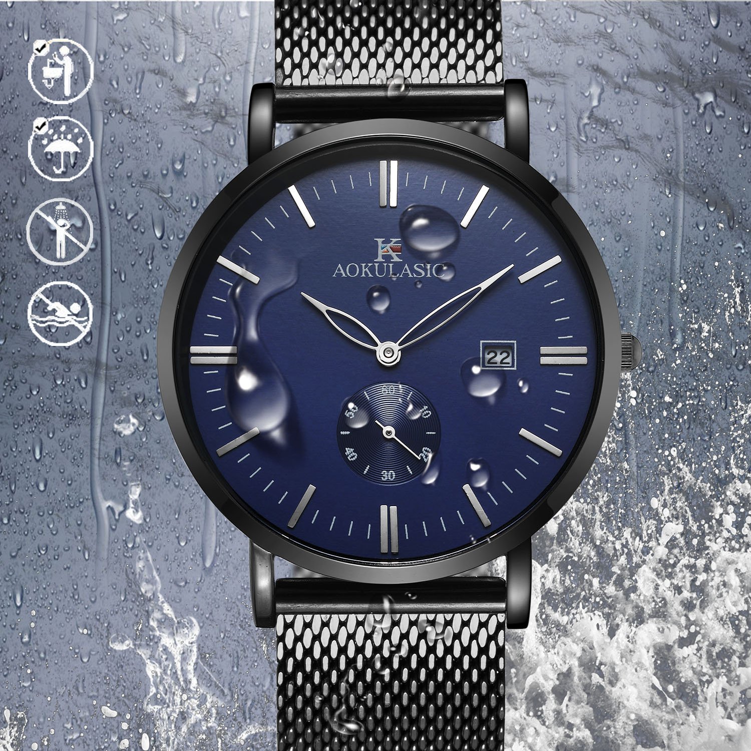 AOKULASIC Mens Fashion Fecha Analógica Cuarzo Resistente al Agua muñeca Reloj con Especial Segunda Sub Dial. (Azul Negro)