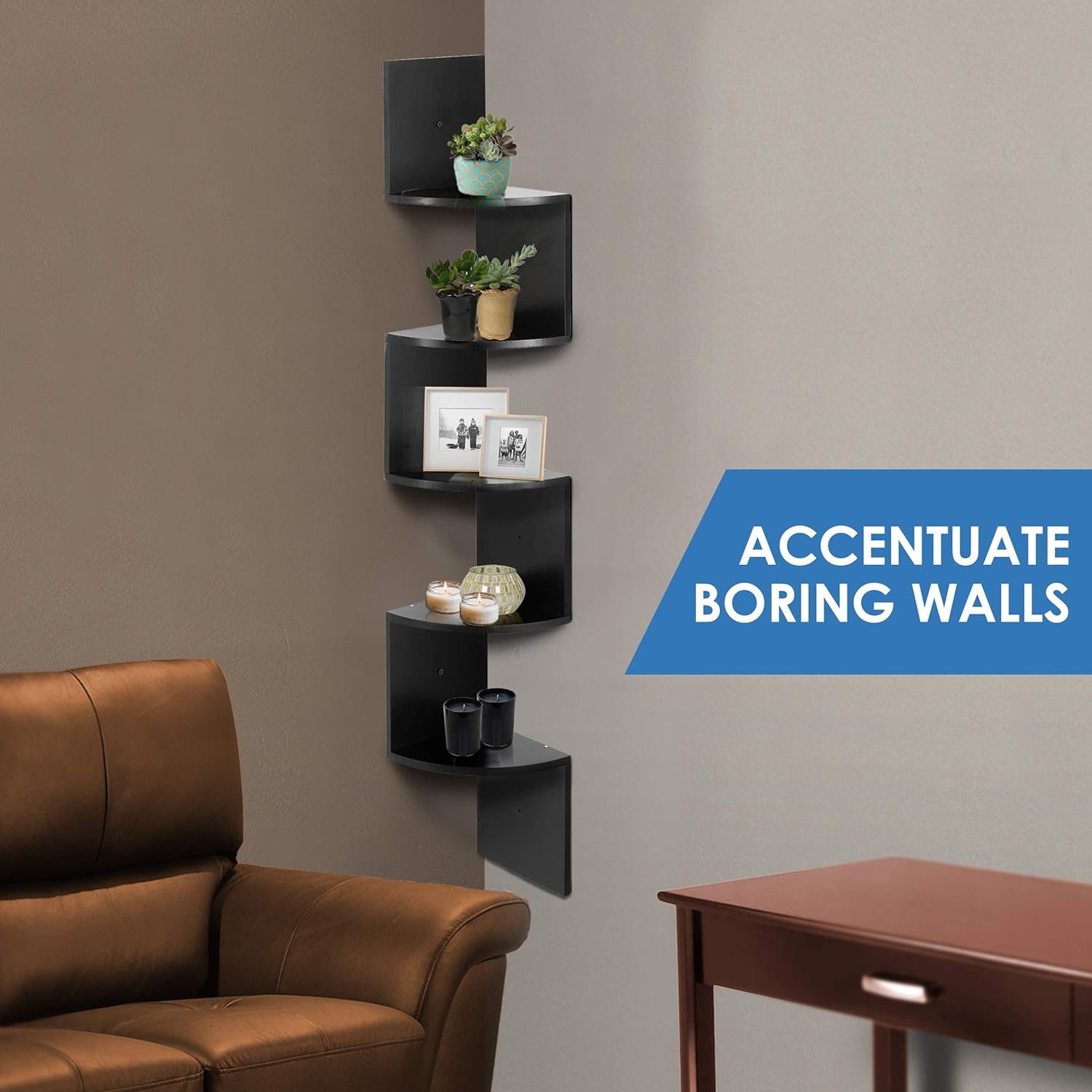 Wall Mount Corner Shelves, 5 Tier Zigzag Decorative Design by Halter, Black: Kitchen & Dining