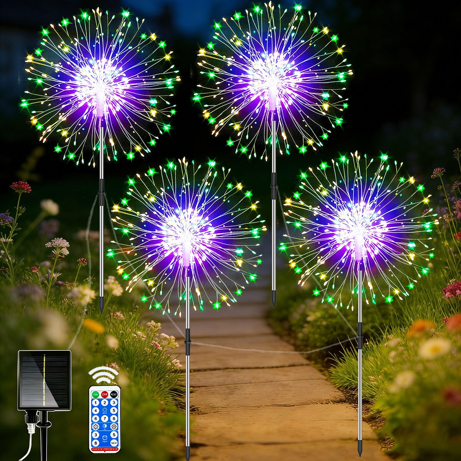 yowin Firework Solar Lights Outdoor Garden 4x120 LED Solar Garden Lights with Remote, 8 Modes Starburst Light Waterproof Dandelion Outdoor Stake Light for Pathway Patio Yard Decorations - Multicolor — image 1