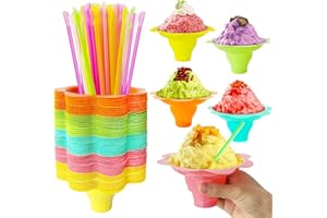 Jnnzzggu 200Pcs 4 oz Colorful Flower Snow Cone Cups with Spoon Straws,Plastic Shaved Ice Cups,Reusable Ice Cream Snack Small Bowls for Kids,Holiday,Birthday Party,Summer Cookout