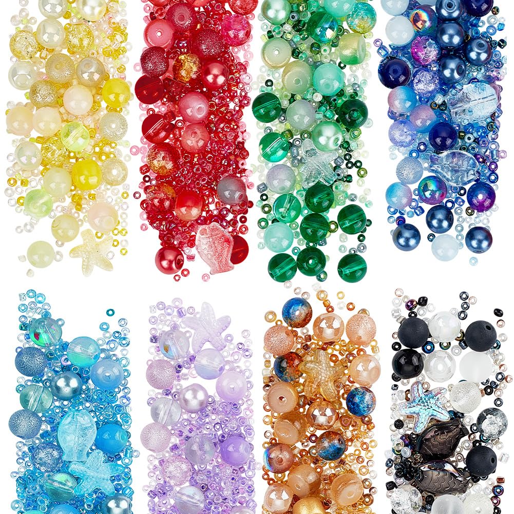 arricraft 8 Colors Glass Beads Kit, Mixed Styles Assorted Crystal Bracelet Beads Round Glass Beads Starfish Beads Fish Beads for Necklace Bracelet DIY Crafts Jewelry Making