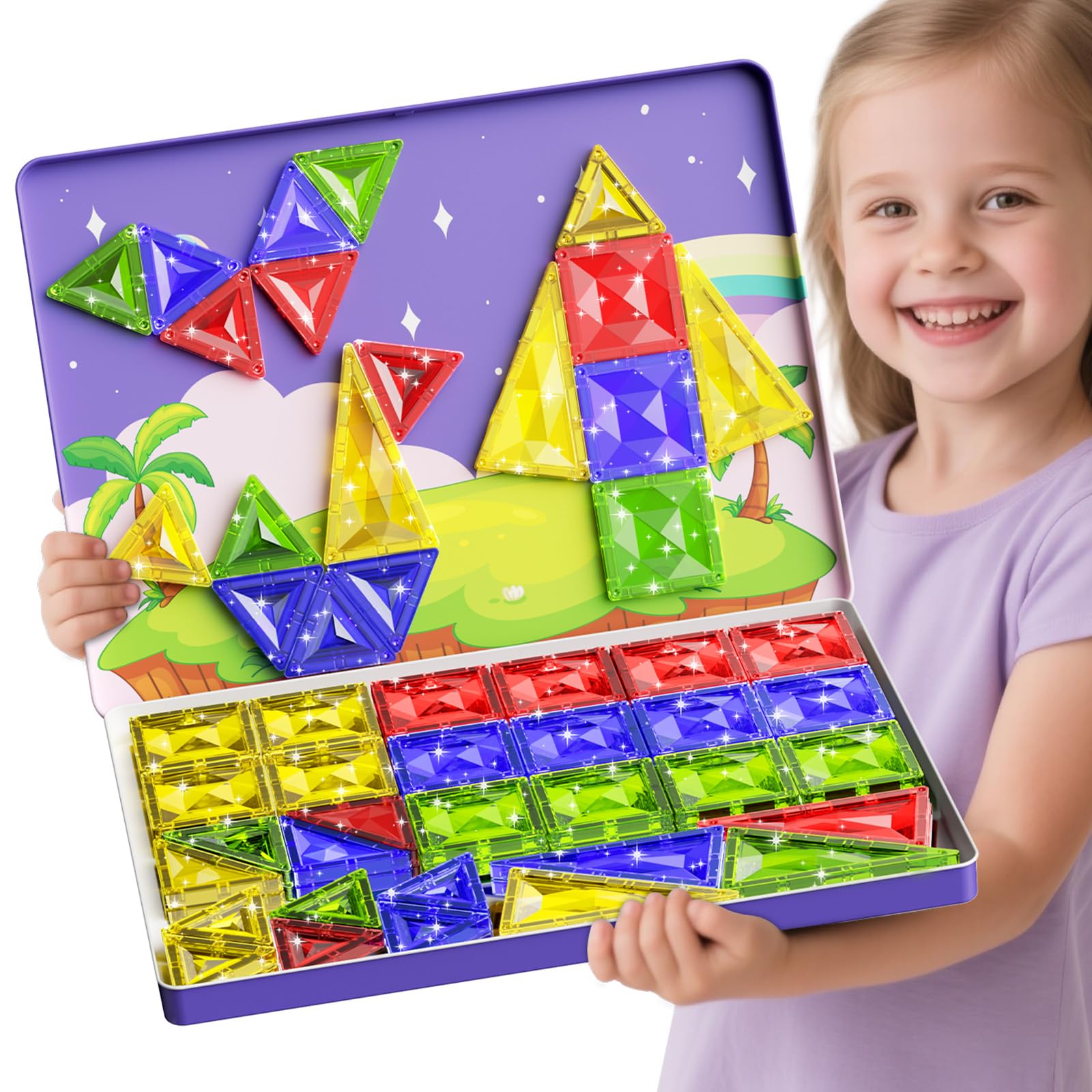 YOGOHEE 60PCS Magnetic Tiles 5cm Magnetic Toys STEM Travel Building Blocks with Portable Tin Case as Building Base Educational Toy & Gift for Kids 3+