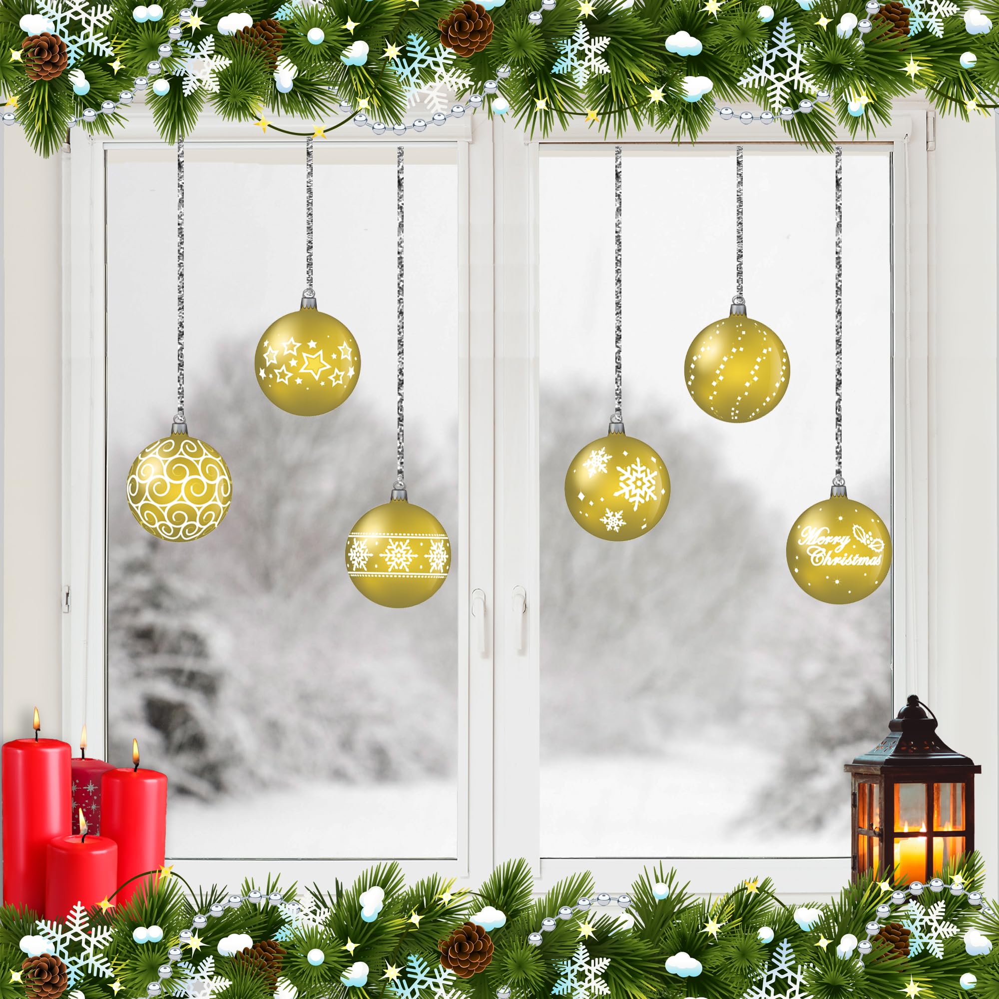 ArtiClings 12 x Bauble Window Clings with Glitter Patterns and Strings Colour = Gold