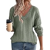 Flamingals Women's Long Sleeve V Neck Pullover Shirts Tops Business Casual Lightweight Ribbed Knit Pullover Tunic Tops Fall