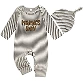 ZAXARRA Newborn Boy Fall Stripe Romper Letter Embroidery Long Sleeve Round Neck Full Length Jumpsuit with Hat (Coffee-C, 1-3 Months)