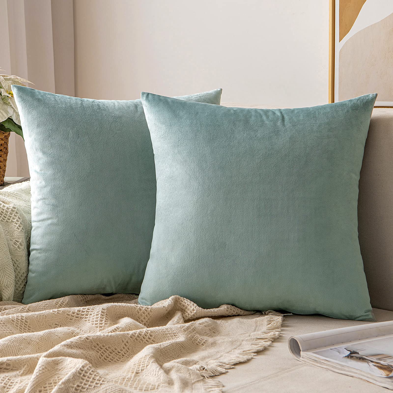 Photo 1 of MIULEE Pack of 2 Velvet Soft Solid Decorative Square Throw Pillow Covers Set Cushion Case for Spring Sofa Bedroom Couch18x18 Inch Blue Grey