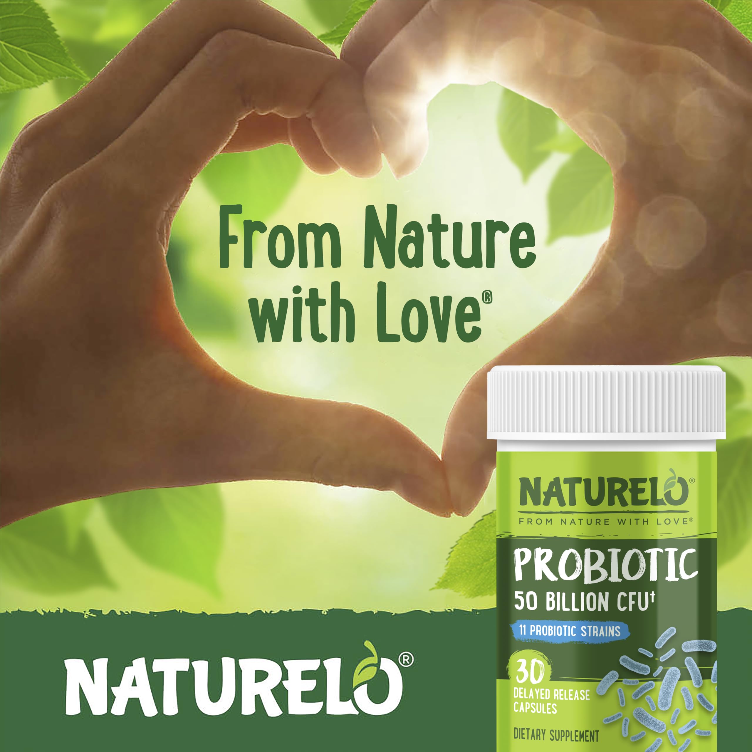 NATURELO Probiotics for Digestive Health - 50 Billion CFU, 11 Strains Daily Supplement - Boosts Immune System, Delayed Release, 30 Vegetarian Capsules