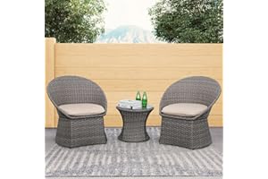 Lviden 3 Pieces Patio Furniture Set, Outdoor Wicker Bistro Set, Grey Rattan Conversation Chairs Set for Porch, with Khaki Cushions and Glass Top Table