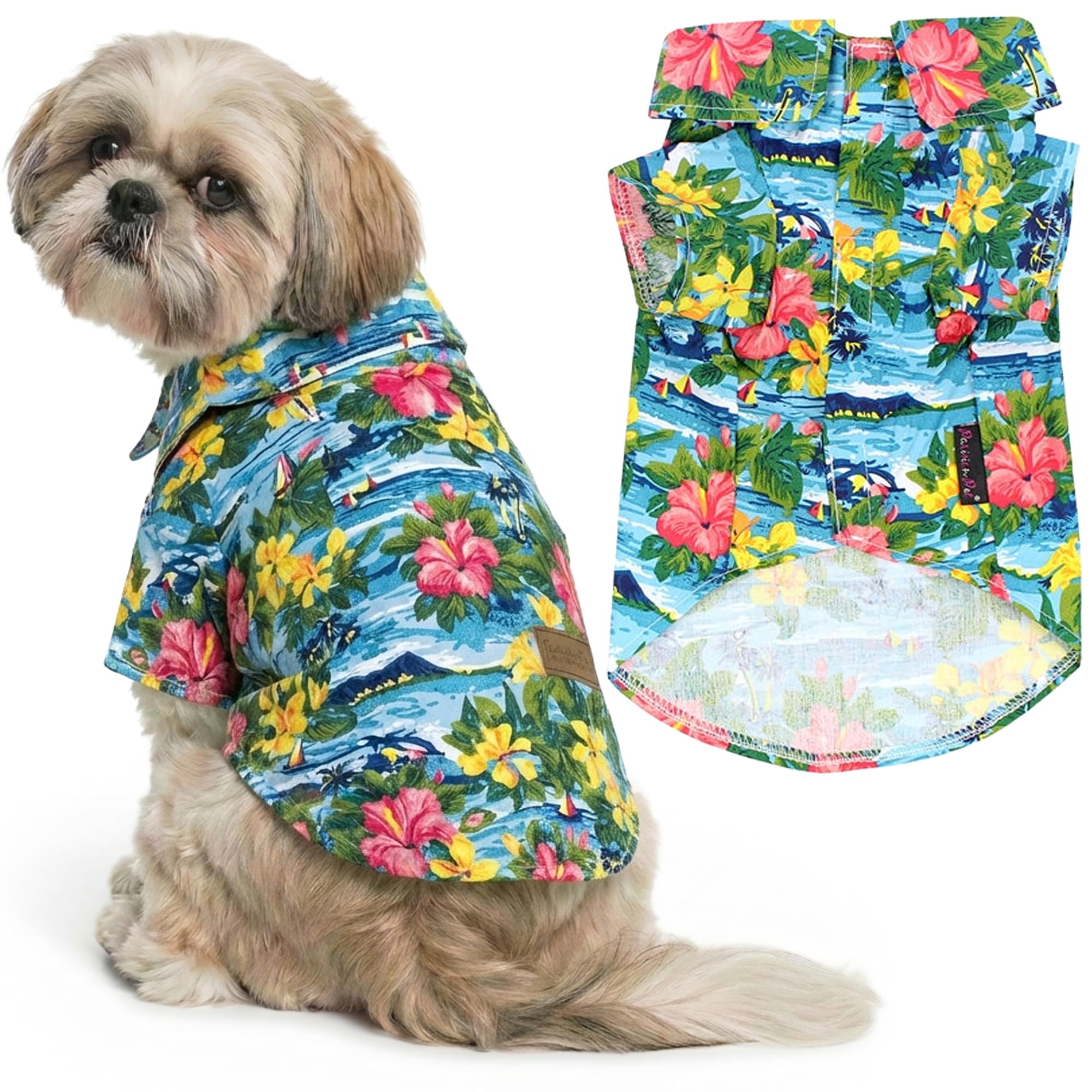 Parisian Pet Dog Summer Camp Hawaiian Flower Tropical Polo Shirt, M