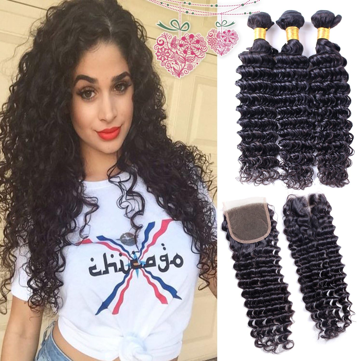Brazilian Deep Wave Hair 3 Bundles With Closure 8a Unprocessed Brazilian Virgin Deep Wave Curly Human Hair Weave Extensions With Lace Closure 4x4 Free Part (18 20 22 +18 closure)