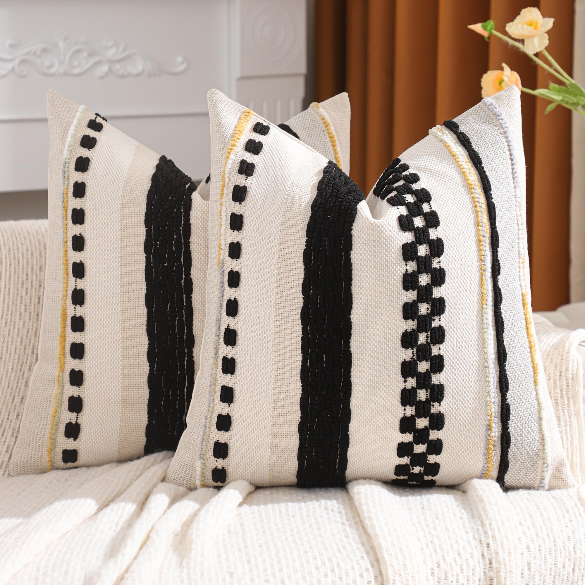 Tosleo Boho Pillow Covers 18x18 Inch Set of 2 Black and Beige Striped Chenille Throw Pillow Covers Square Decorative Pillowcases for Sofa Couch Bed Living Room Farmhouse Decor — image 1