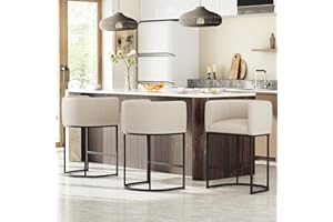 VATROS 26" H Counter Height Bar Stools Set of 3, Modern Barrel Counter Stools with Backrest and Arms, Linen Fabric Upholstered Accent Barstools for Kitchen Island,Support 450 LBS (Beige)