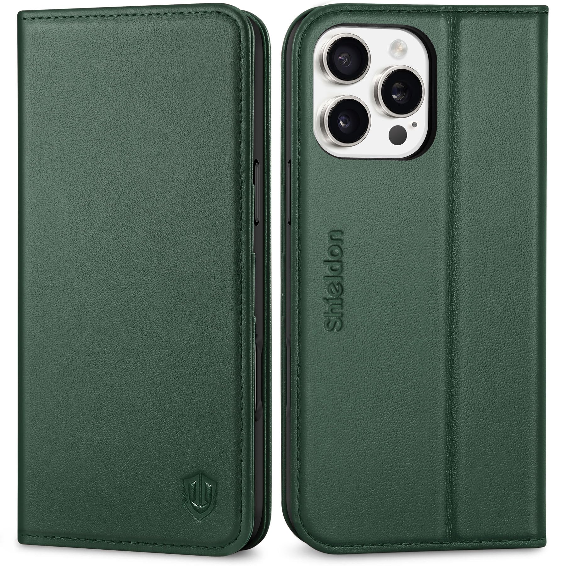 SHIELDON Wallet Case for iPhone 16 Pro Max, Genuine Leather Folio with Card Holder [RFID Blocking][Kickstand][TPU Shell] Magnetic Folding Case Compatible with iPhone 16 Pro Max 6.9" 2024 - Evergreen