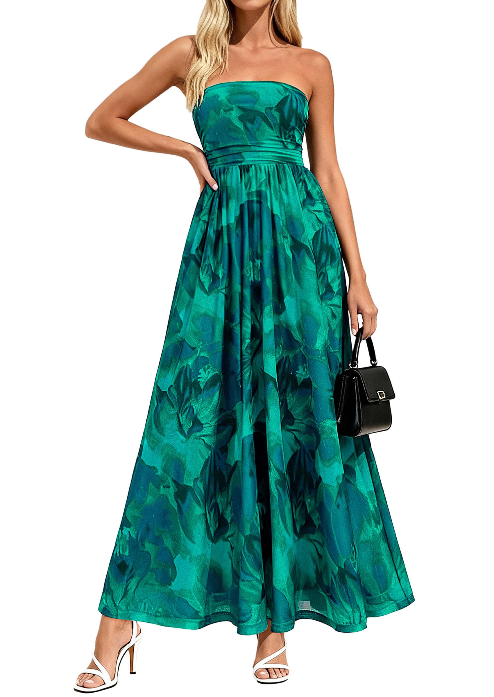 Photo 1 of PRETTYGARDEN Women Strapless Maxi Dress 2026 Summer Floral Tube Top Ruched Beach Spring Wedding Guest Long Dresses (Floral Green,Small)