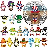 Juexica 41 Pcs Interchangeable Dog Welcome Door Sign Dachshund Decor Wooden Dachshund Door Hanger Seasonal Decor with 20 Magnet Hats and 20 Detachable Accessories for Holiday Front Door (Rustic)
