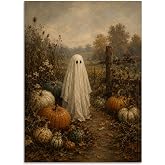 Halloween Canvas Wall Art, Ghost In Autumn Pumpkin Farm Poster, Rustic Gothic Ghost Oil Painting Print, Muted Fall Spooky Goth Wall Decor for Cottage Thanksgiving Day 12x16in Unframed