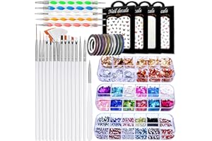 JOYJULY Nail Art Brushes Kit, 3D Nail Art Decorations Kit with Nail Dotting Tools Butterfly Nail Art Glitters Stickers Nail Art Rhinestones, Nail Foil, Nail Art Striping Tapes Nails Design Kit