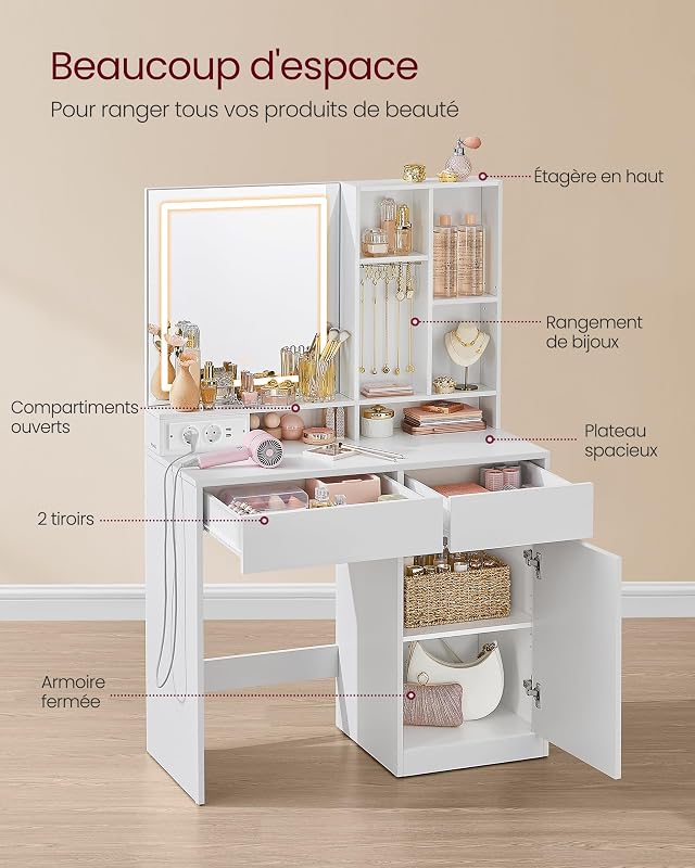 Kailyn Collection - Coiffeuse avec Miroir LED, Éclairage 3 Couleurs Réglable, Table de Maquillage, Largeur 90 cm, Tiroir, Multiprise, Rangement, Chambre, Style Moderne, Blanc Nuage RDT134WB01