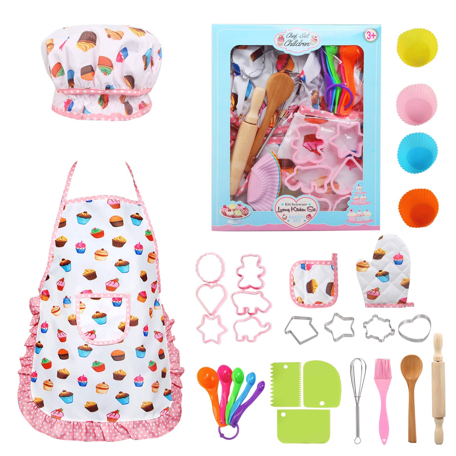 LEADSTAR Kids Baking Sets, Easter Kid Aprons for Cooking, Kids Cooking Set,Kid Chef Set Childrens Chef Hat Apron Kitchen Baking Kits Children Toy Easter Festivals Gift for 3-12 Year Old Girls-30 PCS