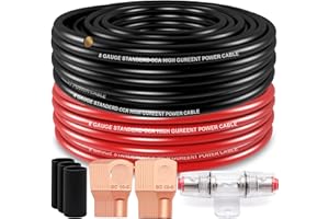 Taigoehua 50FT 8 Gauge Wire (25ft Each- Black/Red) Copper Clad Aluminum CAA- with 8ga lugs,60A Fuse Holder and Heat Shrink Tube, Car Amplifier Power & Ground Cable