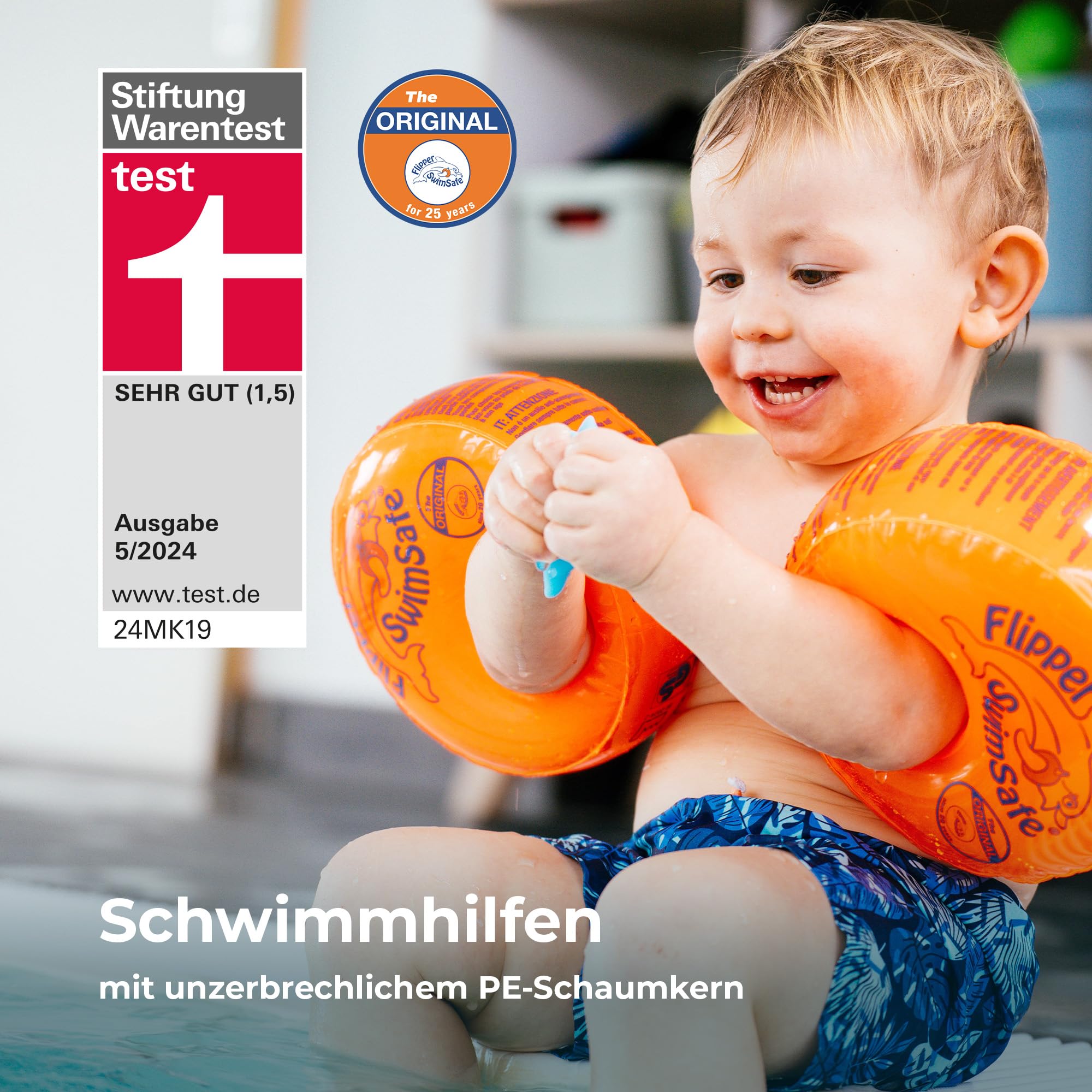 Flipper Swimsafe 1010 - Schwimmflügel für Babys ab 12 Monaten, sichere Schwimmhilfe mit unzerbrechlichem PE-Schaumkern zum Schwimmen lernen, Orange 7