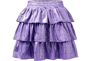 ZUNW Girls Metallic Skirt 3-Layer Ruffle Skirt Sparkly Shiny Skirt for Party with Shorts 6-14Y
