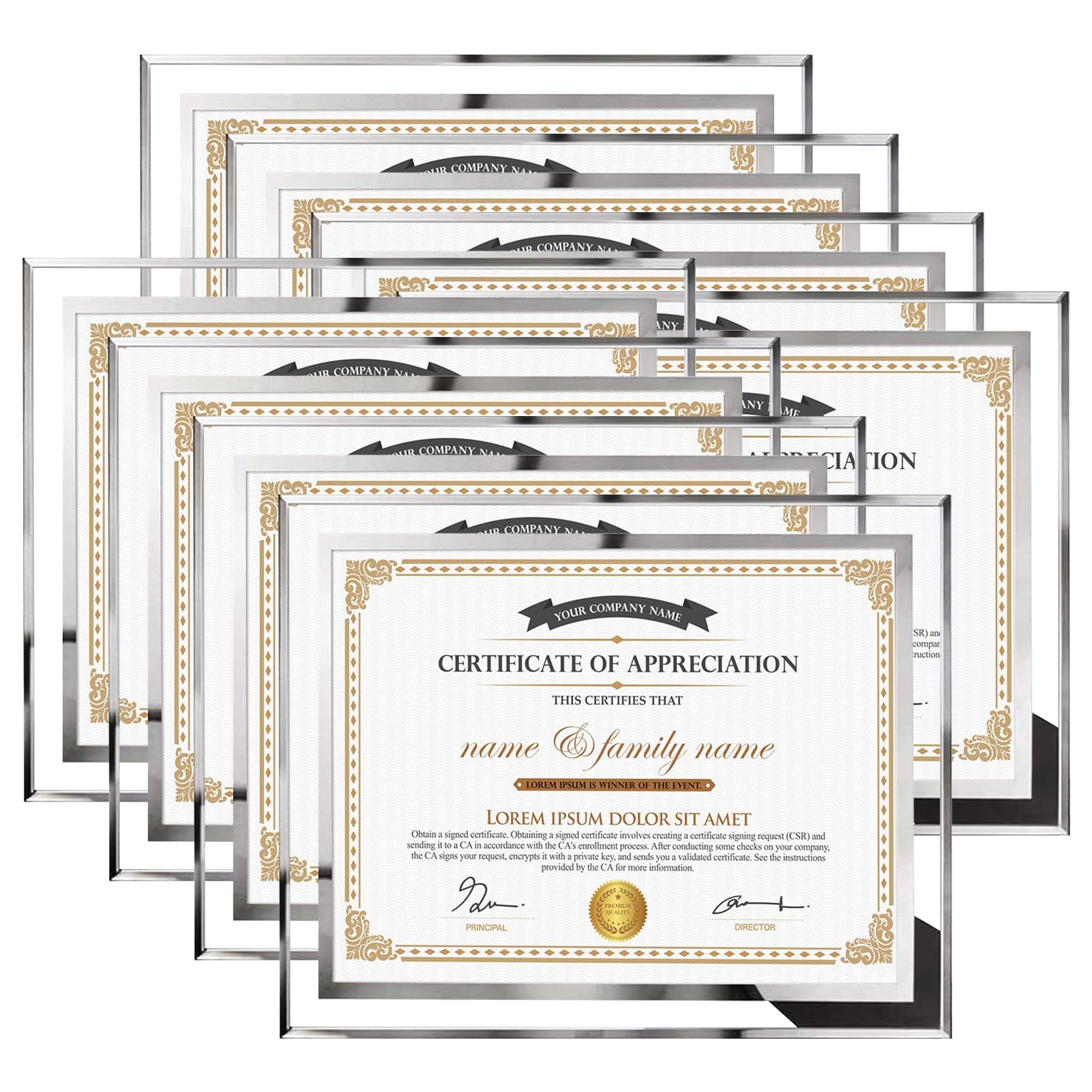 Hoikwo 8.5 by 11 Picture Frames, 8 Packs 8.5x11 Silver Glass Certificate Frames for 8.5 x 11 Document Diploma Award, Only for Tabletop Display Vertically or Horizontally Image