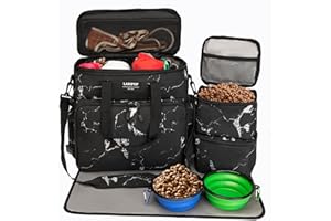 LARIPOP Dog Travel Bag,Weekend Pet Travel bag Set for Dog and Cat,Airline Approved Tote Multi-Function Dog Bags for Traveling,Include 2 Collapsible Bowls,2 Food Storage Containers,1 Feeding Mat,Marble