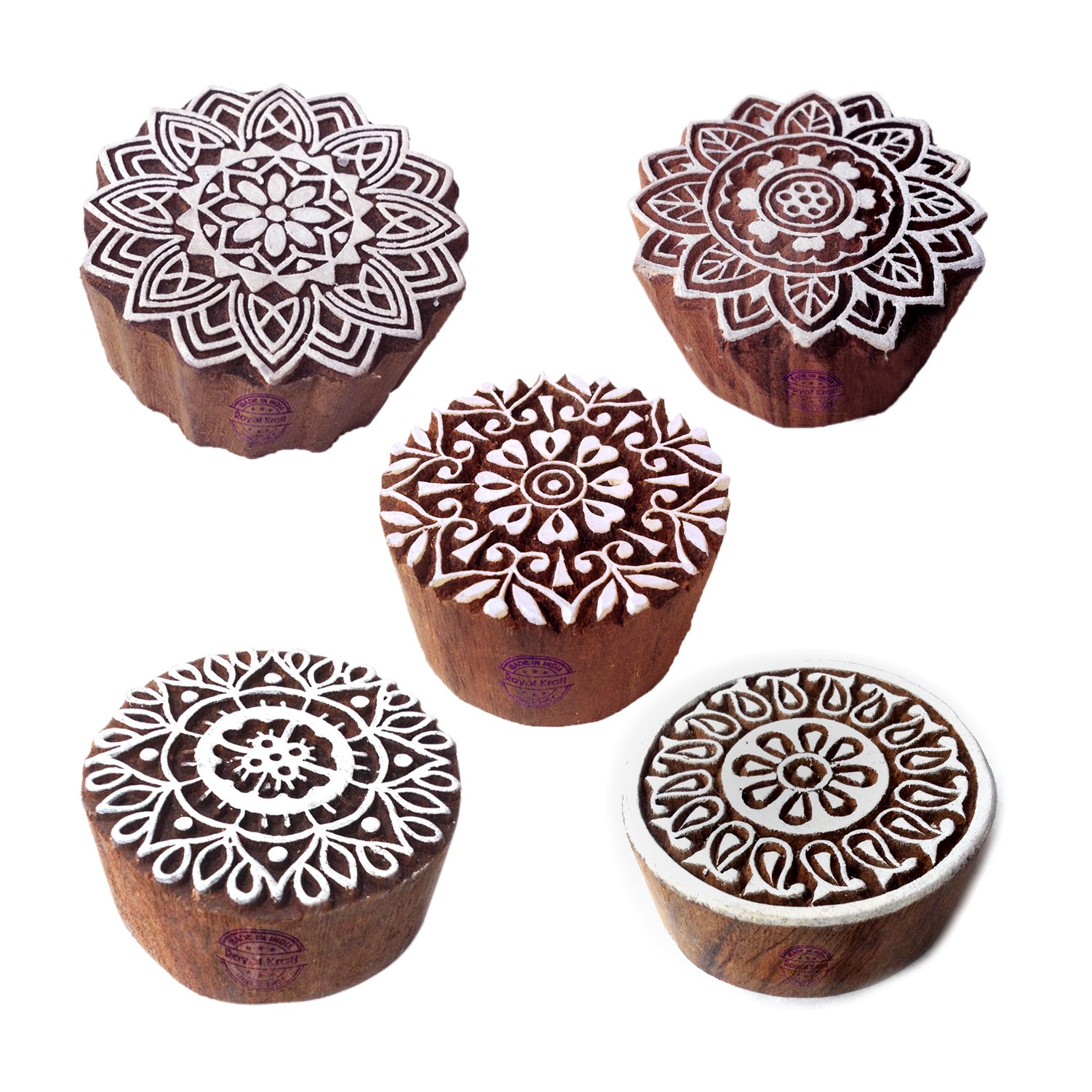 Royal Kraft Designer Motif Floral and Mandala Wood Stamps for Printing (Set of 5)