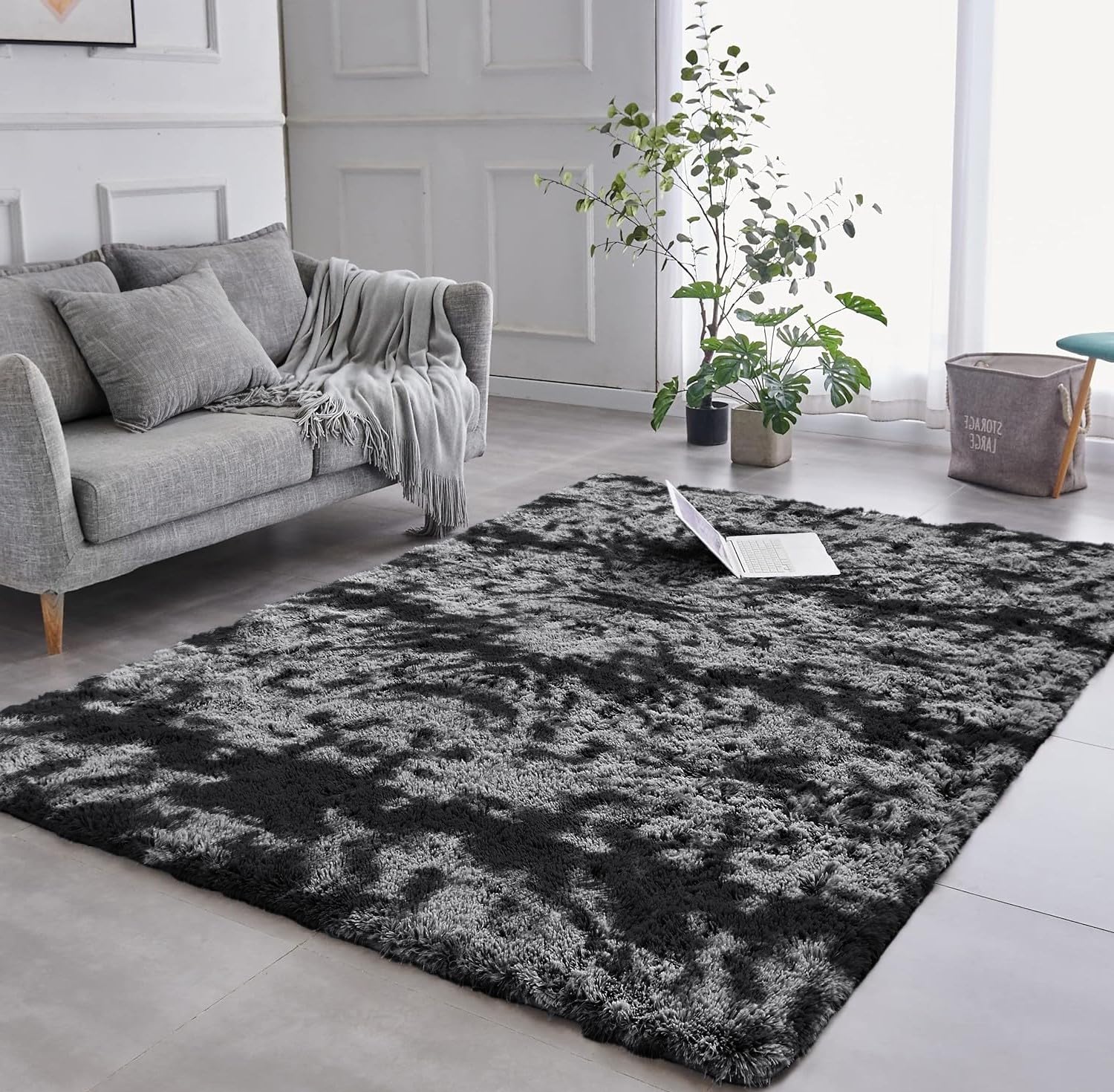 AMEHA Tie Dye Dark Grey Shaggy Rug 80x150 cm Patterned Fluffy Soft Non Slip Modern Living Room Bedroom Carpet Non-Shedding