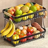 Sevenblue 2 Tier Large Fruit Basket for Kitchen Counter with 2 Mobile Banana Hangers, 2026 Pro Detachable Metal Fruit Bowl with Wooden Handle, Fruit Holder for Bread Snack Veggies with Protective Mats
