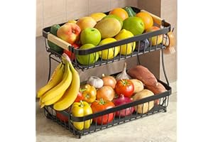 Sevenblue 2 Tier Fruit Basket for Kitchen Counter with 2 Mobile Banana Hangers, 2025 Pro Detachable Metal Fruit Bowl with Woo